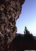 Kletterer in Sturzflug, 8-,  am Steinturm